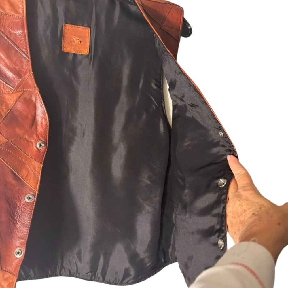 Vintage Leather Patchwork Vest Genuine Mexico-Made Mens Apparel Snap Closure - Picture 6 of 10